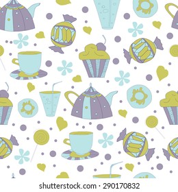 Seamless pattern with sweets , tea , cup cake. tea time. vector background 3