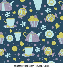 Seamless pattern with sweets , tea , cup cake. tea time. vector background 2