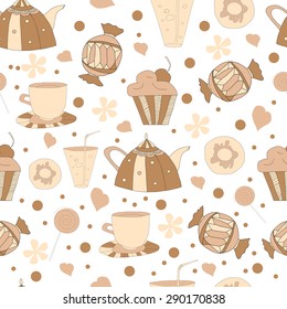 Seamless pattern with sweets , tea , cup cake. tea time. vector background