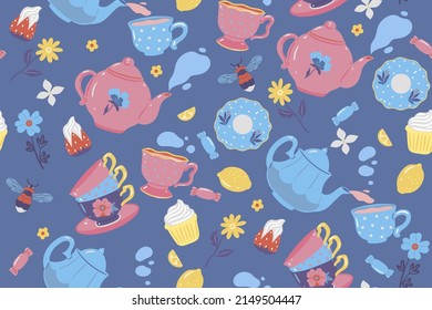 Seamless pattern with sweets, teapots and cups. Vector graphics.