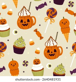 Seamless pattern with sweets and treats in Halloween style. Vector graphics.