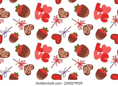 Patrón sin foco con dulces para el Día de San Valentín. Fresas cubiertas de chocolate, dulces, amor. Sólidos y festivos antecedentes para el día de San Valentín.