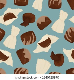 Seamless pattern with sweets. Vector. Flat cartoon style. Suitable for printing onto fabrics, decorating coffee houses, decorating pastry treats.