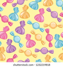 Seamless pattern with sweets in wrappers on yellow background. Vector illustration of candies in cartoon simple flat style.