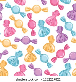 Seamless pattern with sweets in wrappers on white background. Vector illustration of candies in cartoon simple flat style.