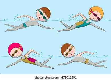 Seamless pattern with swimmers. Girls and boys floating in the water. Illustration done in cartoon style. Cute kids hand-drawn.