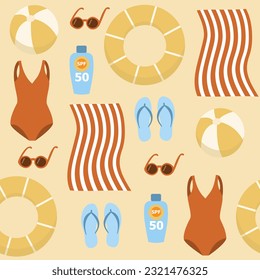 Seamless pattern with swimming accessories, bathing suit, flip flops, sun lotion, swim ring, beach ball and sunglasses.