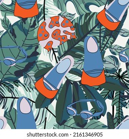 Seamless pattern with swimming accessories on tropical leaves background. Swimming cap , goggles, flippers. Sport equipment. Vector illustration.