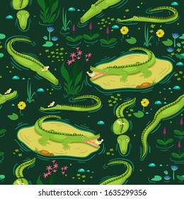 Seamless pattern with swimming crocodiles. Vector graphics.