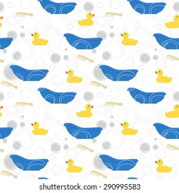 Seamless pattern with swimming duck, blue bath,hair brush and bubbles on background.