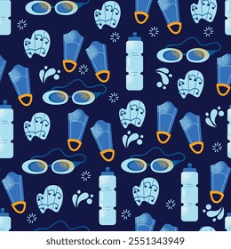 Seamless pattern swimming equipment and accessories swimsuits, goggles, flippers, swim caps, water bottle, towel, and kickboard. Flat cartoon illustration with colorful design elements isolated