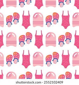 Seamless pattern swimming equipment and accessories swimsuits, goggles, flippers, swim caps, water bottle, towel, and kickboard. Flat cartoon illustration with colorful design elements isolated