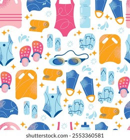 Seamless pattern swimming equipment and accessories swimsuits, goggles, flippers, swim caps, water bottle, towel, and kickboard. Flat cartoon illustration with colorful design elements isolated