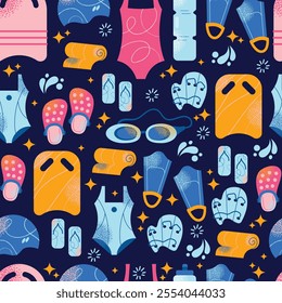 Seamless pattern swimming equipment and accessories swimsuits, goggles, flippers, swim caps, water bottle, towel, and kickboard. Flat cartoon illustration with colorful design elements isolated