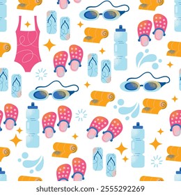 Seamless pattern swimming equipment and accessories swimsuits, goggles, flippers, swim caps, water bottle, towel, and kickboard. Flat cartoon illustration with colorful design elements isolated