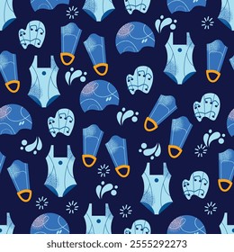 Seamless pattern swimming equipment and accessories swimsuits, goggles, flippers, swim caps, water bottle, towel, and kickboard. Flat cartoon illustration with colorful design elements isolated