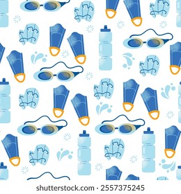 Seamless pattern swimming equipment and accessories swimsuits, goggles, flippers, swim caps, water bottle, towel, and kickboard. Flat cartoon illustration with colorful design elements isolated