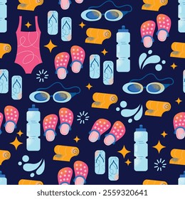 Seamless pattern swimming equipment and accessories swimsuits, goggles, flippers, swim caps, water bottle, towel, and kickboard. Flat cartoon illustration with colorful design elements isolated