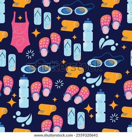 Seamless pattern swimming equipment and accessories swimsuits, goggles, flippers, swim caps, water bottle, towel, and kickboard. Flat cartoon illustration with colorful design elements isolated