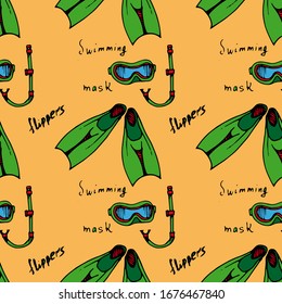 Seamless pattern. Swimming flippers and mask on a orange background.