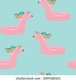 Seamless pattern of swimming float rings unicorns. Vector illustration. 