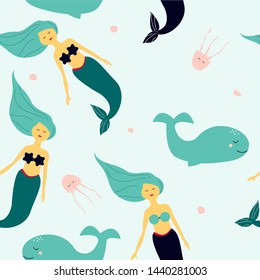 Seamless pattern with swimming mermaid and whales. Fantasy fairy character.