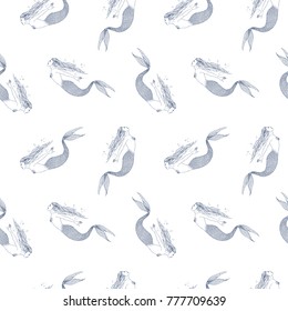 Seamless pattern with swimming mermaids hand drawn with black contour lines on white background. Backdrop with fairy tale or mythical creature. Vector illustration for textile print, wrapping paper.