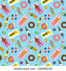 Seamless pattern with swimming people on inflatable mattresses, donuts, rings. Flat vector illustration. Summer vacation at sea, sunbathing girls and boys.