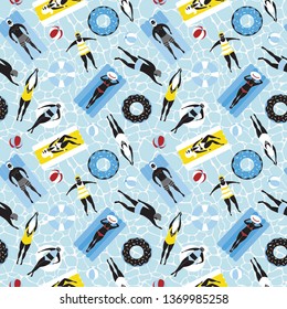 Seamless pattern with swimming people on inflatable mattresses, donuts, rings. Flat vector illustration. Summer vacation at sea, sunbathing girls and boys with black skin.