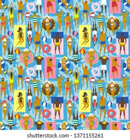 Seamless pattern with swimming people on inflatable mattresses, donuts, rings. Flat vector illustration. Summer vacation at sea, sunbathing girls and boys.