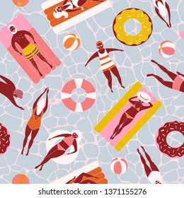 Seamless pattern with swimming people on inflatable mattresses, donuts, rings. Flat vector illustration. Summer vacation at sea, sunbathing girls and boys with red skin.