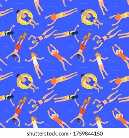 Seamless pattern with swimming people on a blue  background. Men and women, teenagers, boys and girls. Funny characters. Flat lay. Vector illustration, bright colors. Blue, yellow, red, black colors.