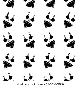 Nahtloses Muster aus Badeanzug. Sommerkleidung und Accessoires. Schwarze Silhouette auf weißem Hintergrund. Die Skizze der Kartoondoodle kann in Karten, Plakaten, Flyern, Bannern, Logos, Kleiderdesign verwendet werden
