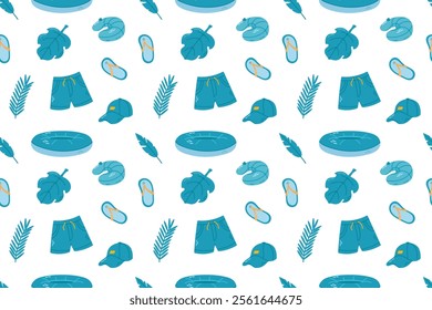 Seamless pattern with swimming trunks and beach accessories on a white background.