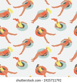 Seamless pattern with swimming woman. Cartoon character. Flat design