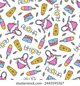Seamless pattern with swimsuit, bathing shorts, popsicles, sunscreen, aloha lettering. Summer background. Stock isolated image on a white background. In doodle style.