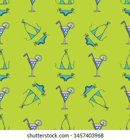 Seamless pattern with swimsuit and coctail on bright green background.  Summer wallpaper for party, shop. 