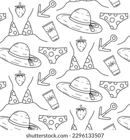 Seamless pattern with swimsuit, hat, cream. Summer pattern in doodle style. Linear summer print. Vector illustration.