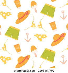 Seamless pattern with swimsuit, hat, cream. Summer pattern in flat style. Hand drawn summer print. Vector illustration.