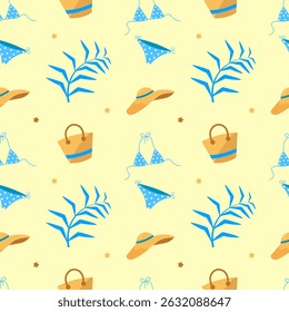 Seamless pattern with swimsuit, hat and palm leaves on a yellow background