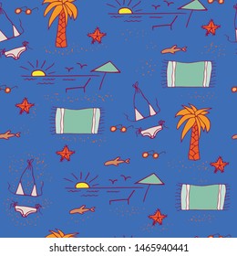 Seamless pattern with swimsuit, palm, sunset, towel, starfish on bright blue background.  