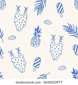 Seamless pattern with swimsuits, pineapples, seashells, ice cream and palm leaves in blue on beige background. Hand-drawn summer elements. Summer vacation and travel concept