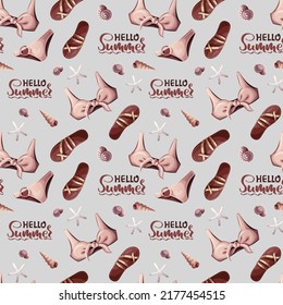Seamless pattern with swimsuits and sandals. Beach Holidays, Summer, marine nature concept. Vector illustration. Perfect for product design, wallpaper, scrapbooking, wrapping paper.