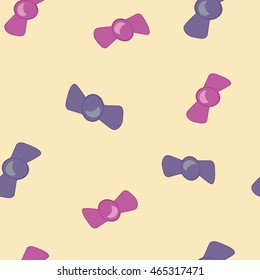 Seamless pattern with swirl candy bows, lollipops. Bright sweet candy on yellow background.