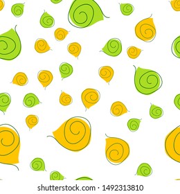 Seamless pattern with swirl green and yellow color. Can be used for printing on packaging, bags, cups, laptop, box, etc. Pattern under the mask. Vector.