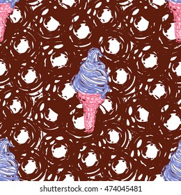 Seamless pattern with swirl ice cream cone on brown dots. Hand drawn sketch elements in decorative fashion style. Bakery, ice-cream dessert inspired illustration.