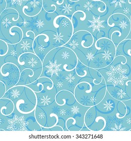 Seamless pattern with swirl  and snowflakes on a blue background