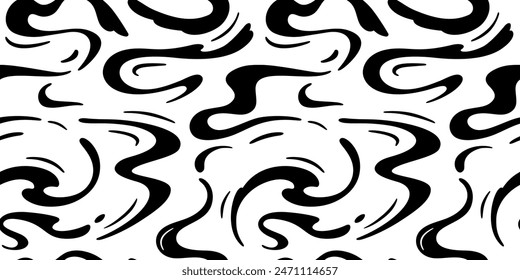 Seamless Pattern with Swirl Water Ripple Splashes. Vector Abstract Black and White Waves