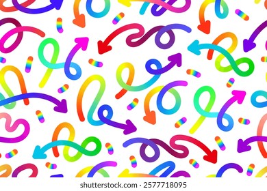 Seamless pattern with swirling arrows and lines. Rainbow color abstraction. Bright colorful elements on a white background. Festive confetti. Winding, curved, wavy shapes. Vector illustration.