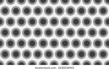 Seamless pattern of swirling dark grey sunbursts on a light grey background.  Perfect for textile design, website backgrounds, or modern minimalist projects.  Evokes movement and energy.